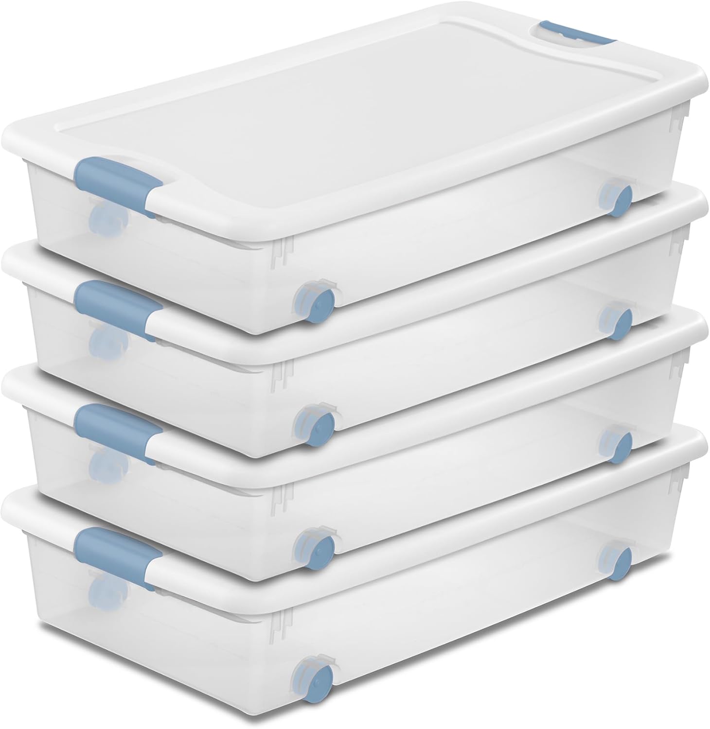 Sterilite 4-Pack 56 Quart Wheeled Latching Box, Underbed Clear Plastic Storage Organizer - Under Bed Rolling Container Bin with Lid and Wheels for Home or Dorm Bedrooms and Closets