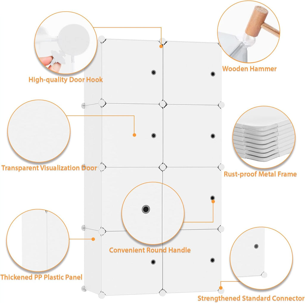 C&AHOME Cube Storage Organizer with Doors, 8-Cube Shelf, Closet Cabinet, DIY Plastic Modular Bookshelf, Storage Shelves Ideal for Bedroom,Living Room,24.8" L × 12.4" W × 48.4" H Milky UGSHS3008M
