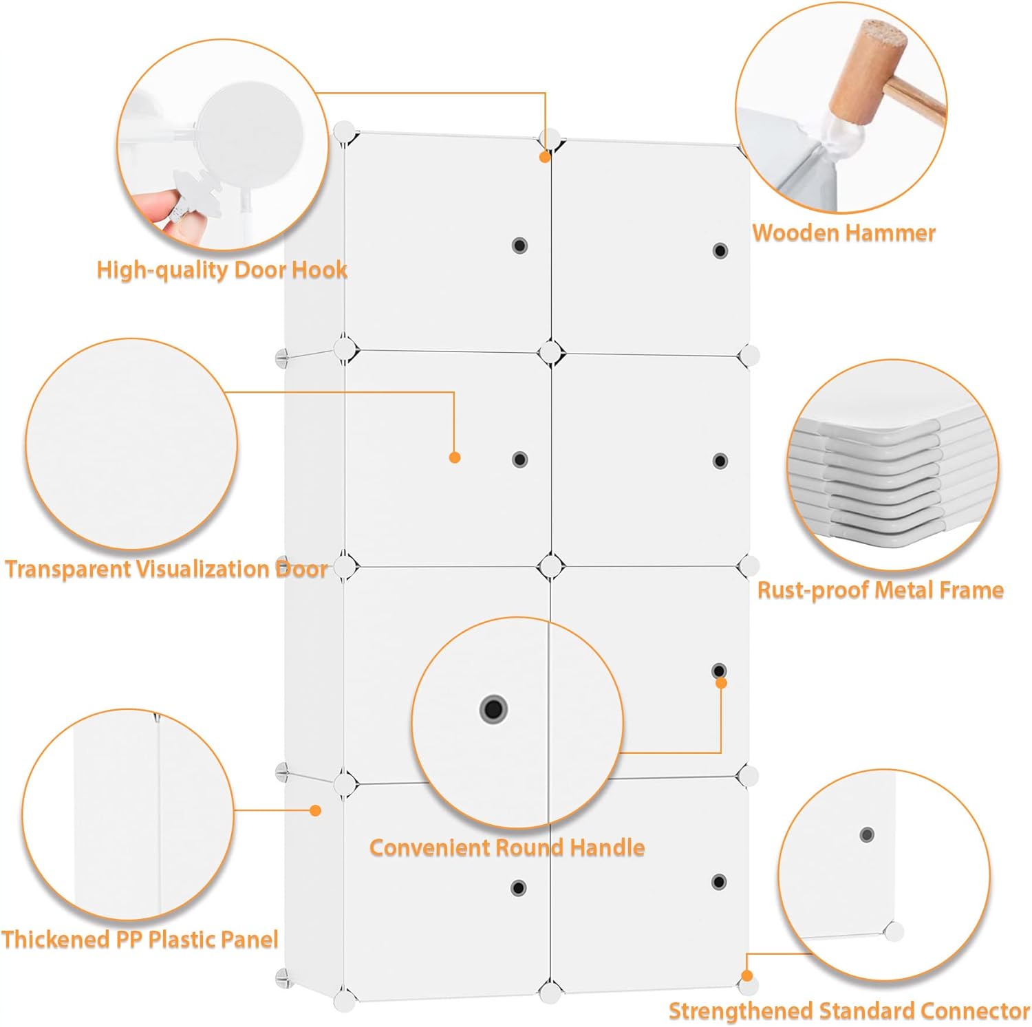 C&AHOME Cube Storage Organizer with Doors, 8-Cube Shelf, Closet Cabinet, DIY Plastic Modular Bookshelf, Storage Shelves Ideal for Bedroom,Living Room,24.8" L × 12.4" W × 48.4" H Milky UGSHS3008M