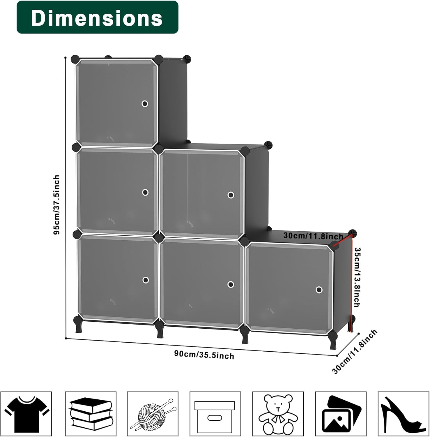 Cube Storage Organizer, 6-Cube Shelves Unit with Doors, DIY Stackable Plastic Clothes Organizer for Bedroom and Under Stairs Storage Unit, Each Compartment 30 x 30 x 30 cm Black ATTSL6001