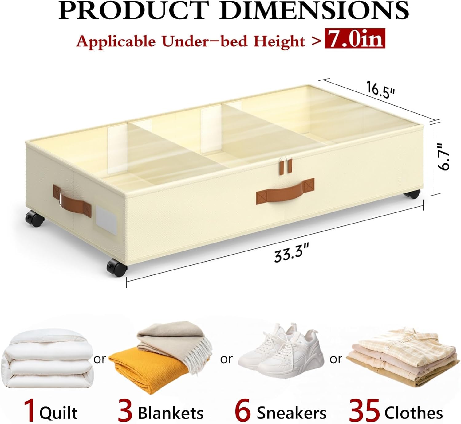 Yecaye Under Bed Storage with Wheels, 2 Pack Under Bed Storage Containers with Adjustable Dividers & Clear Lid, Rolling Underbed Organizer Bins Drawer for Clothes, Shoes, Blankets(33.3 x 16.5 x 6.7in)