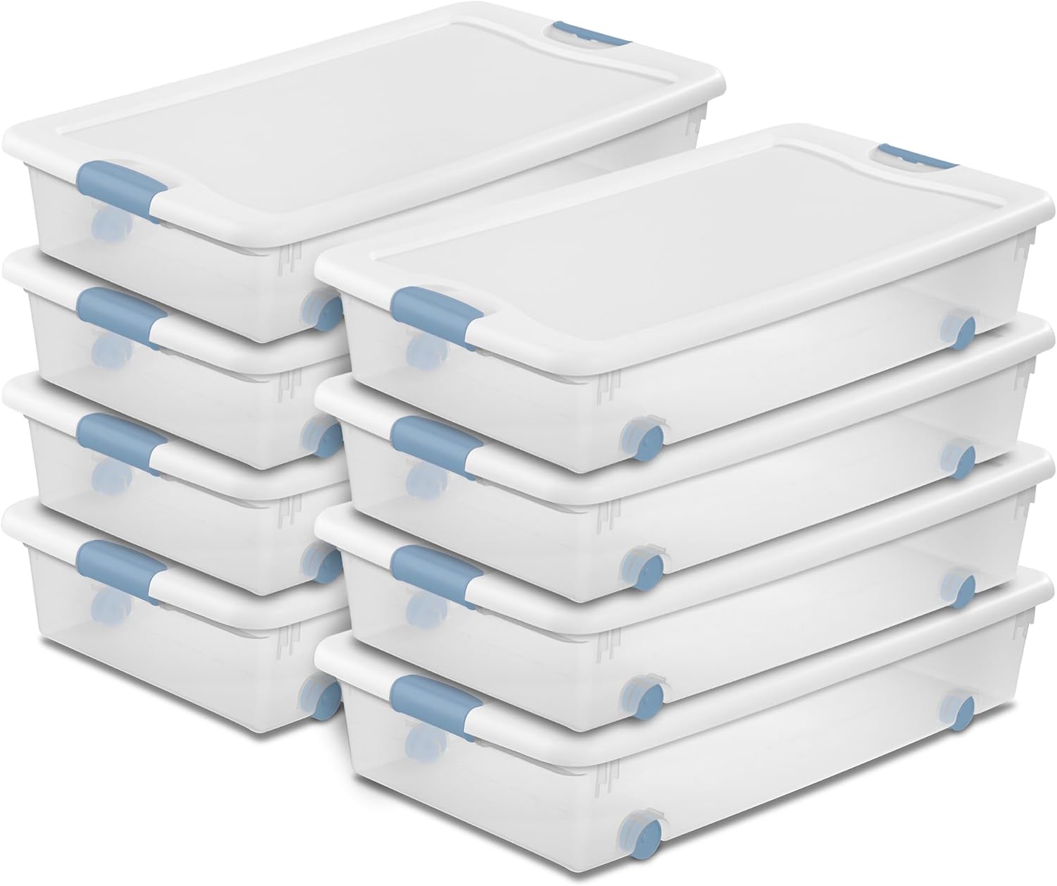 Sterilite 4-Pack 56 Quart Wheeled Latching Box, Underbed Clear Plastic Storage Organizer - Under Bed Rolling Container Bin with Lid and Wheels for Home or Dorm Bedrooms and Closets