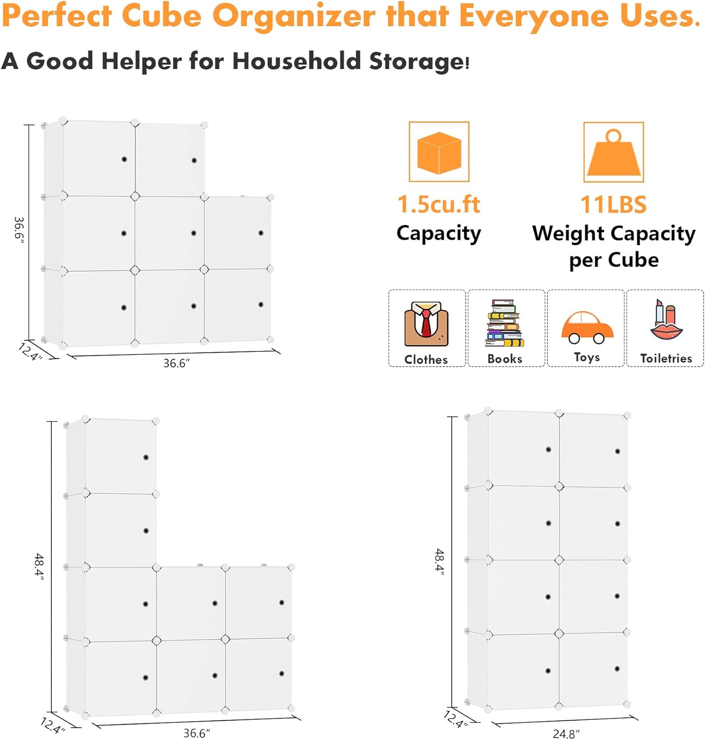 C&AHOME Cube Storage Organizer with Doors, 8-Cube Shelf, Closet Cabinet, DIY Plastic Modular Bookshelf, Storage Shelves Ideal for Bedroom,Living Room,24.8" L × 12.4" W × 48.4" H Milky UGSHS3008M