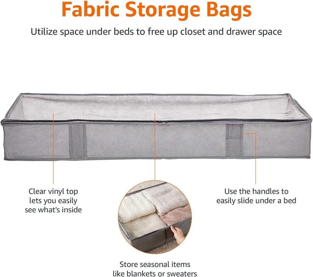 Amazon Basics Under Bed Fabric Zipper Blanket Storage Container Bags with Window and Handles, 2-Pack, 18 x 42 x 6 inches, Gray