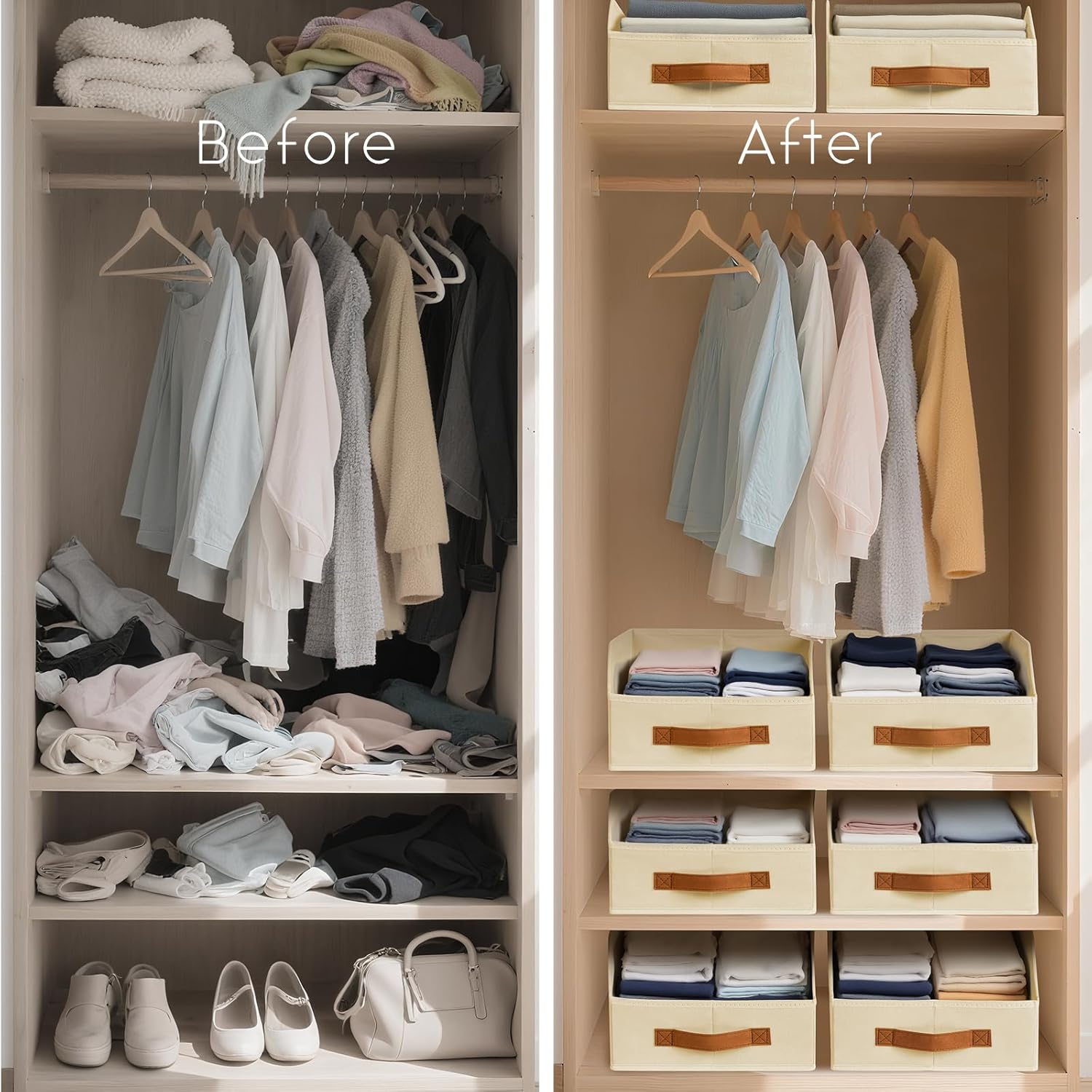 Fabric Storage Bins for Organizing - 6 Pack Large Trapezoid Collapsible Storage Bins with Front Handle, Closet Organizers and Storage for Bedroom, Home Shelves, Small Spaces, Beige