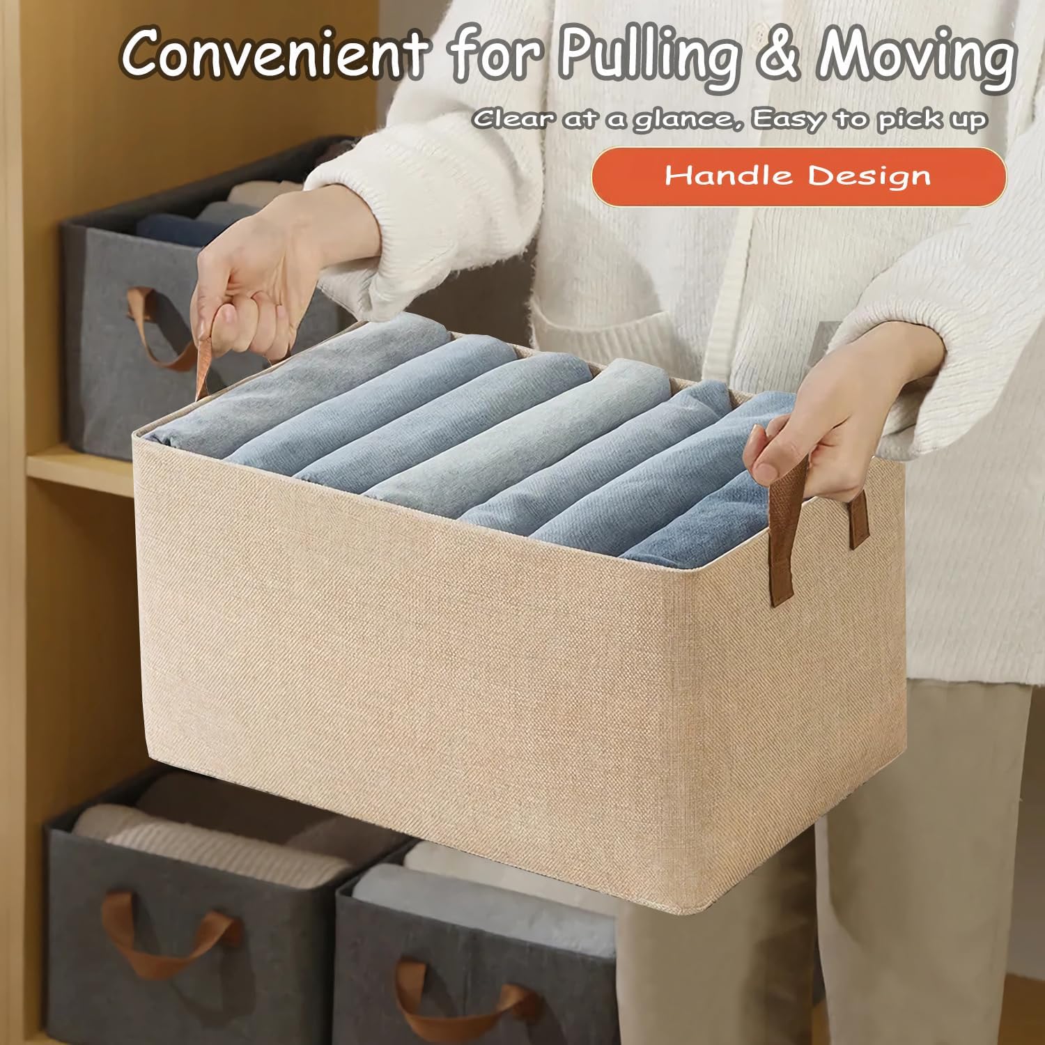 AARAINBOW Linen Closet Organizer Storage Bin with Steel Frame, Stackable Fabric Jeans Baskets for Shelves, 4 Packs Foldable Wardrobe Clothes Box for Sweater Pants Clothing Towel Shirt Felt, 23L Beige