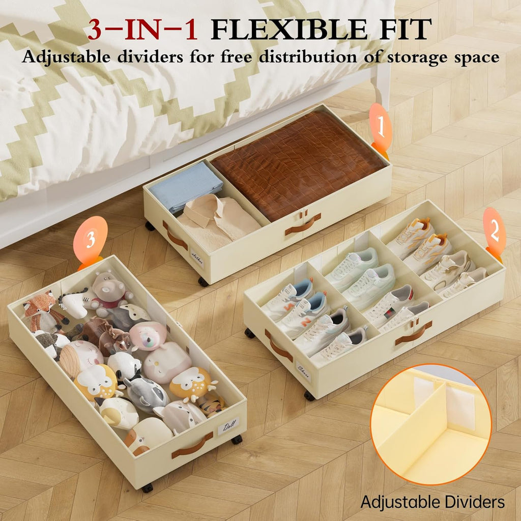Yecaye Under Bed Storage with Wheels, 2 Pack Under Bed Storage Containers with Adjustable Dividers & Clear Lid, Rolling Underbed Organizer Bins Drawer for Clothes, Shoes, Blankets(33.3 x 16.5 x 6.7in)
