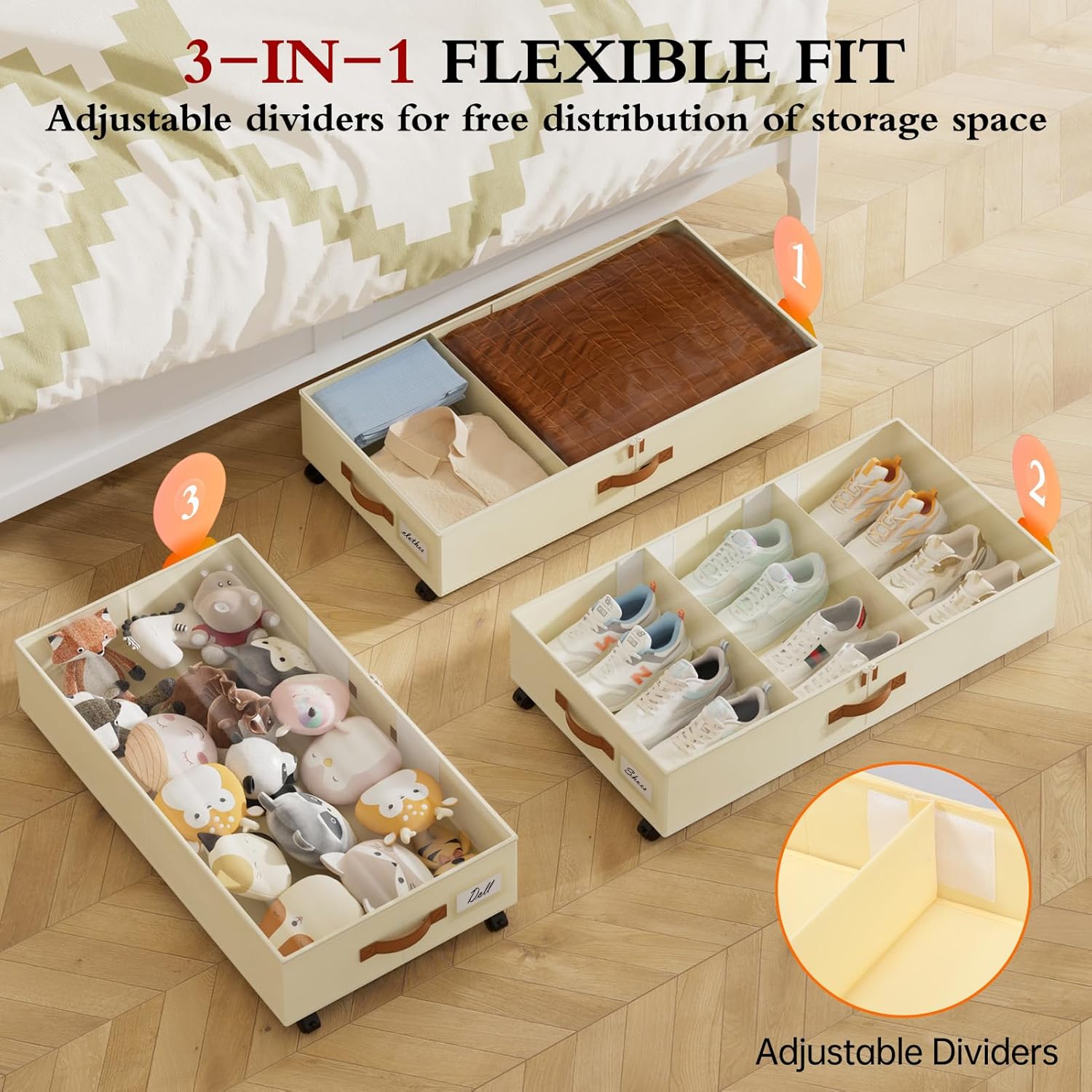 Yecaye Under Bed Storage with Wheels, 2 Pack Under Bed Storage Containers with Adjustable Dividers & Clear Lid, Rolling Underbed Organizer Bins Drawer for Clothes, Shoes, Blankets(33.3 x 16.5 x 6.7in)