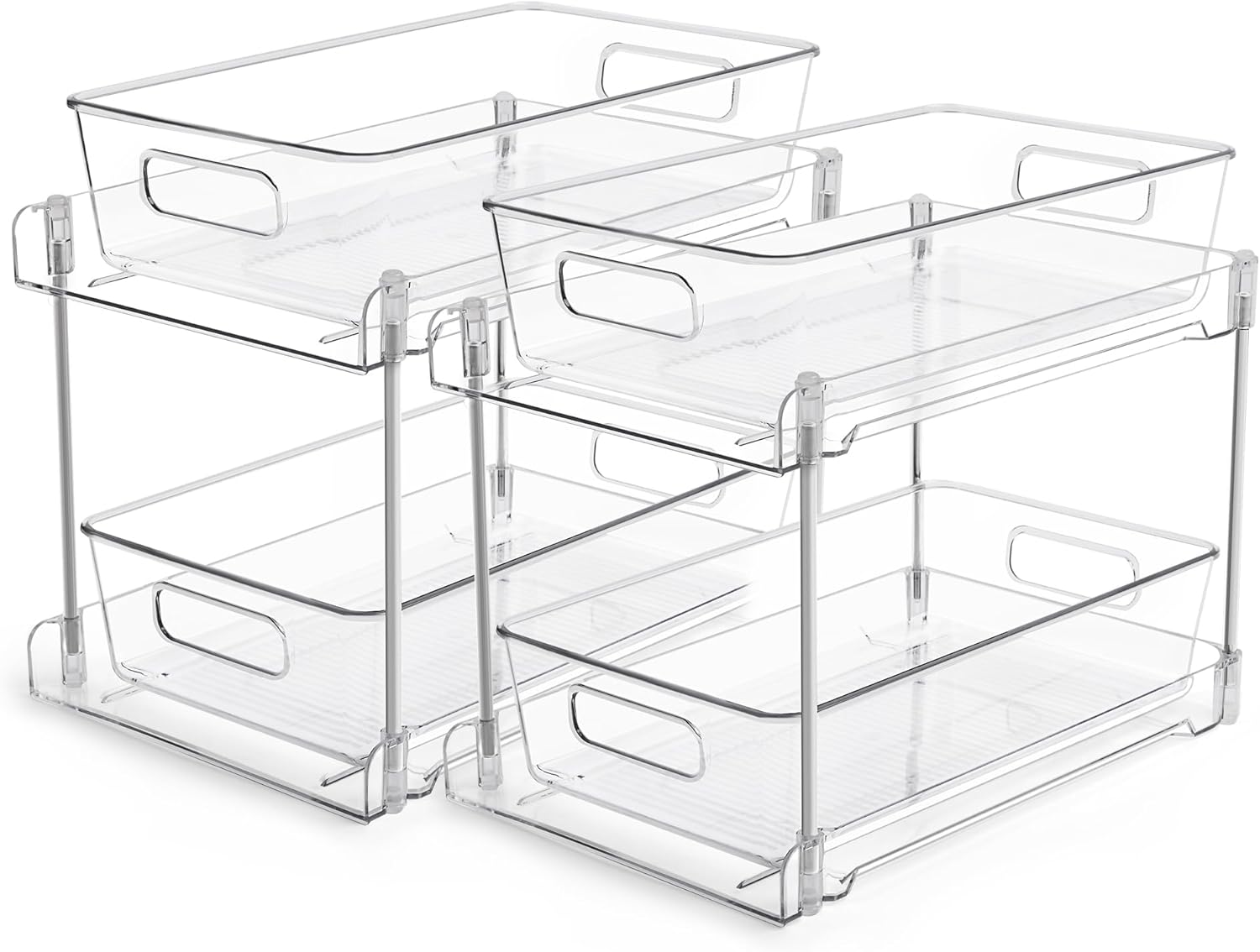 Vtopmart 4 Pack Bathroom Organizer, 2 Tier Clear Under Sink Organizers Vanity Countertop Storage Container,Cabinet Drawers Bins, Pull-Out Organization with Track for Pantry, Kitchen