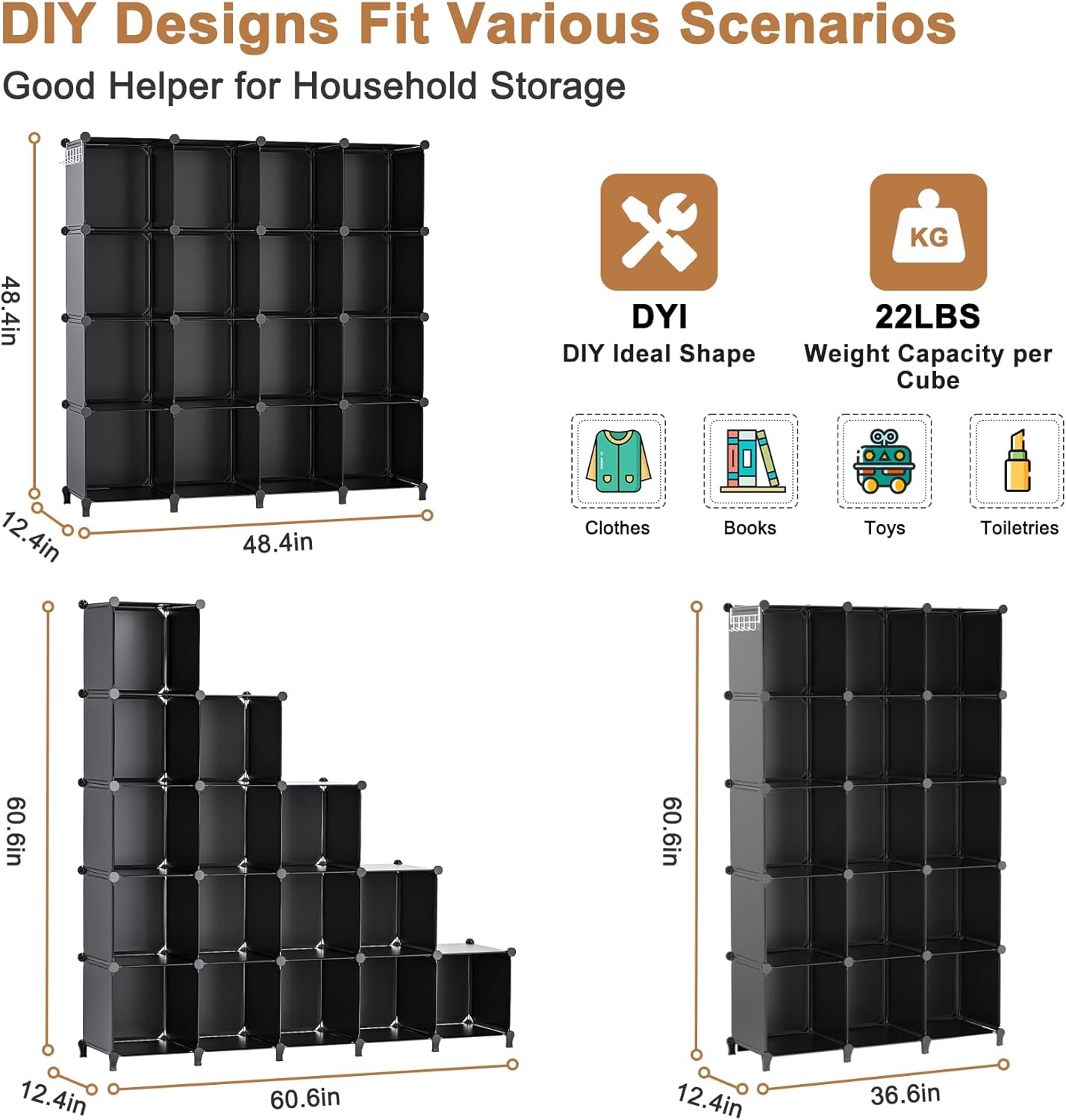 Neprock 16 Cubby Storage Organizer, Closet Clothes Storage Organizer, Cube Shelves Closet Organizers and Storage Shelves for Clothing Storage with Hammer, Bookshelf for Kids（Black）