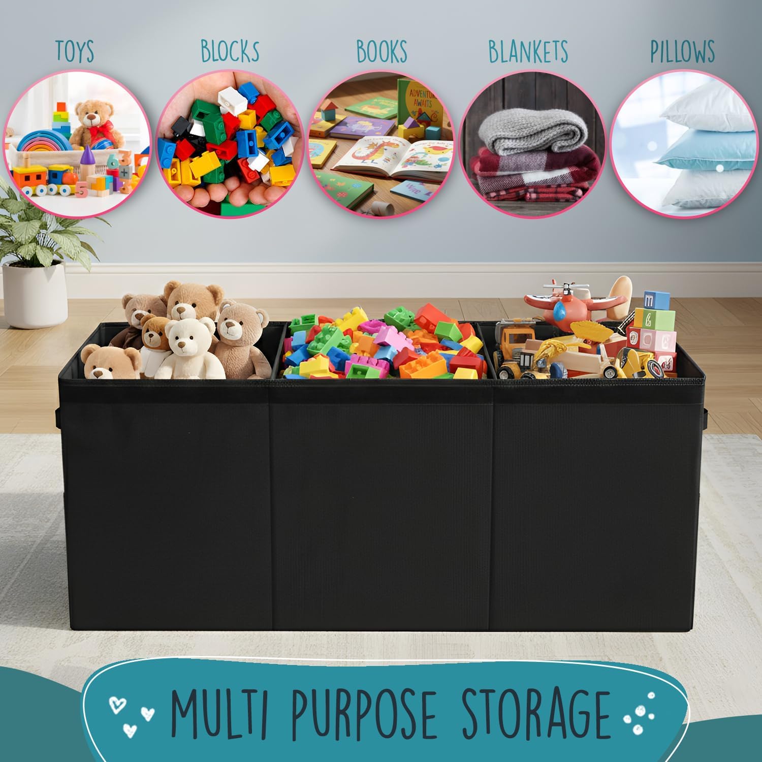 Extra Large Toy Storage Organizer with Lid - Sturdy, Collapsible Toy Chest Storage Box Design - Toys Bin with Dividers for Kids, Nursery, Bedroom, Playroom 37"x16"x14"