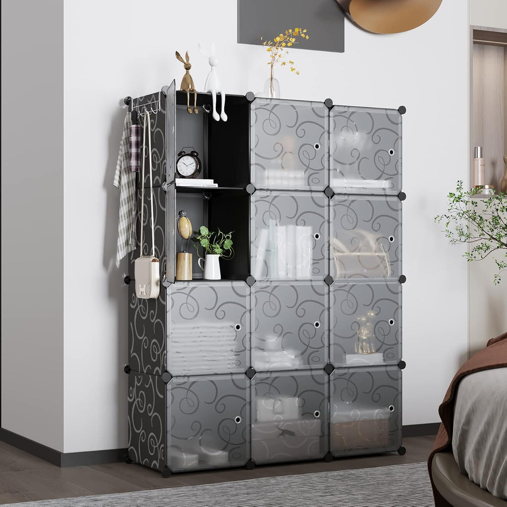 C&AHOME Cube Storage Organizer with Doors, 12-Cube Shelves, Closet Cabinet, DIY Plastic Modular Bookshelf Ideal for Bedroom, Living Room, 36.6”L x 12.4”W x 48.4”H Black USHS3012B-DOOR