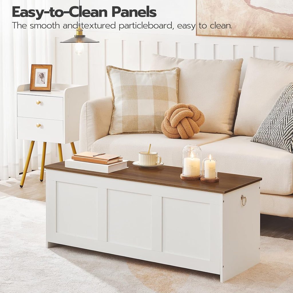 HOOBRO Storage Bench, 39.3" Retro Wooden Storage Chest, Wooden Storage Trunk, Toy Chest with Lift Top, Multifunctional Entryway Organizer, for Entryway, Living Room, White and Walnut WH141CW01