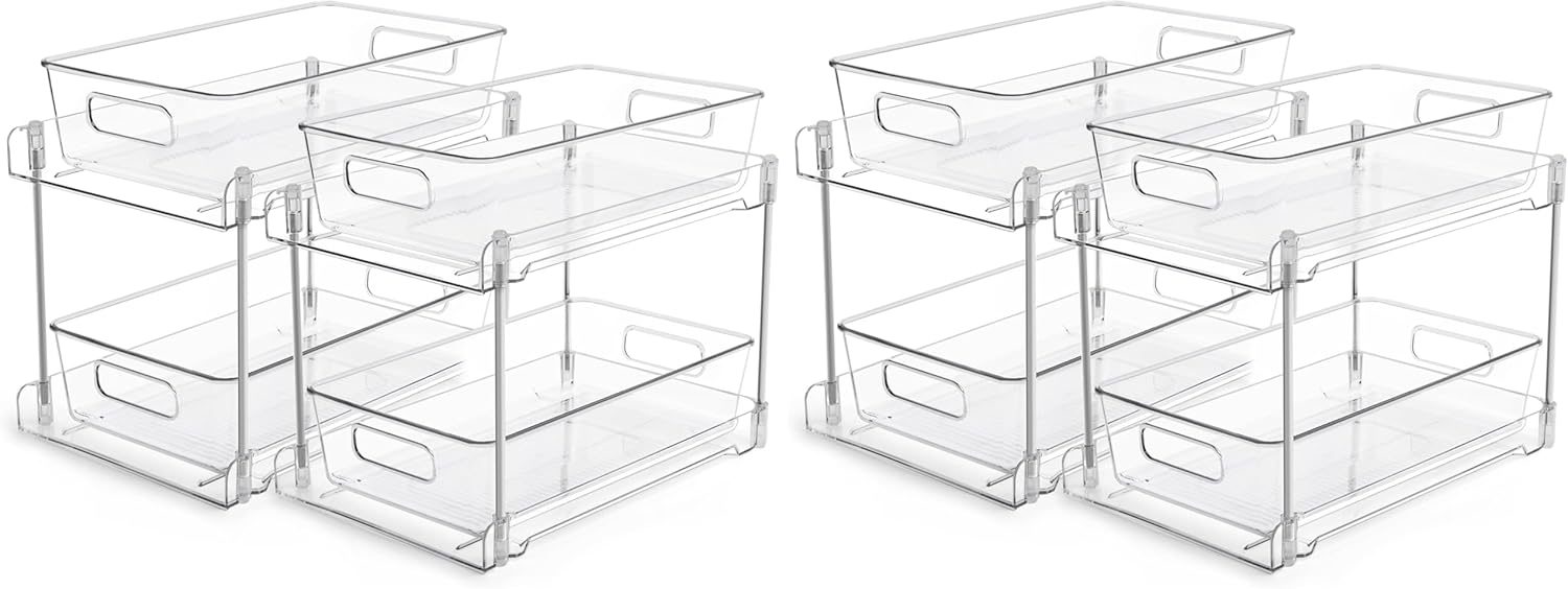 Vtopmart 4 Pack Bathroom Organizer, 2 Tier Clear Under Sink Organizers Vanity Countertop Storage Container,Cabinet Drawers Bins, Pull-Out Organization with Track for Pantry, Kitchen