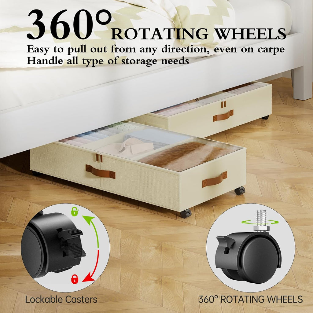 Yecaye Under Bed Storage with Wheels, 2 Pack Under Bed Storage Containers with Adjustable Dividers & Clear Lid, Rolling Underbed Organizer Bins Drawer for Clothes, Shoes, Blankets(33.3 x 16.5 x 6.7in)