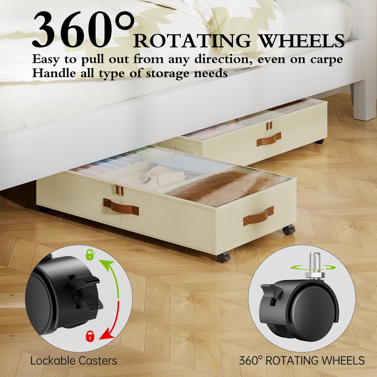 Yecaye Under Bed Storage with Wheels, 2 Pack Under Bed Storage Containers with Adjustable Dividers & Clear Lid, Rolling Underbed Organizer Bins Drawer for Clothes, Shoes, Blankets(33.3 x 16.5 x 6.7in)