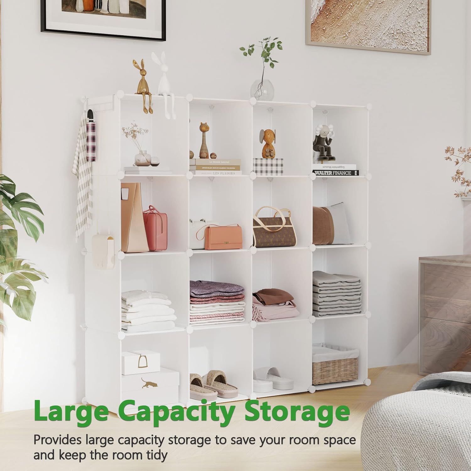C&AHOME Cube Storage Organizer, 16-Cube Shelves Units, Plastic Storage Cubes, DIY Closet Organizer, Modular Closet Storage Shelves Ideal for Home, Bedroom, 48.4" L × 12.4" W × 48.4" H Milky UPCS16M