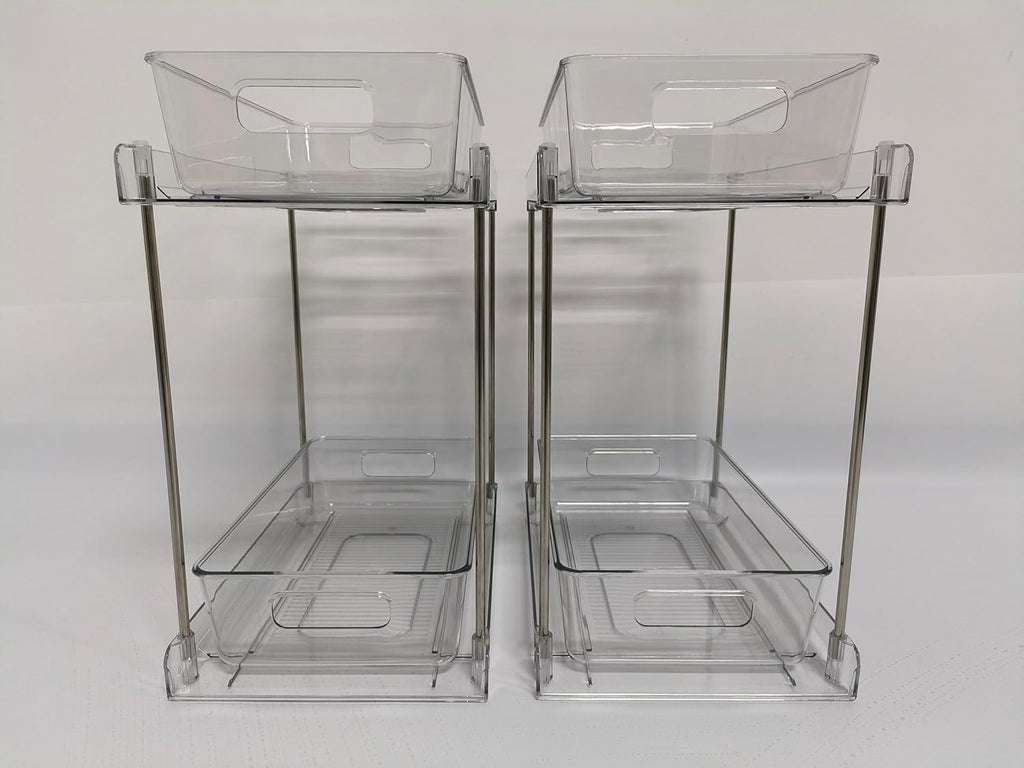 Vtopmart 4 Pack Bathroom Organizer, 2 Tier Clear Under Sink Organizers Vanity Countertop Storage Container,Cabinet Drawers Bins, Pull-Out Organization with Track for Pantry, Kitchen