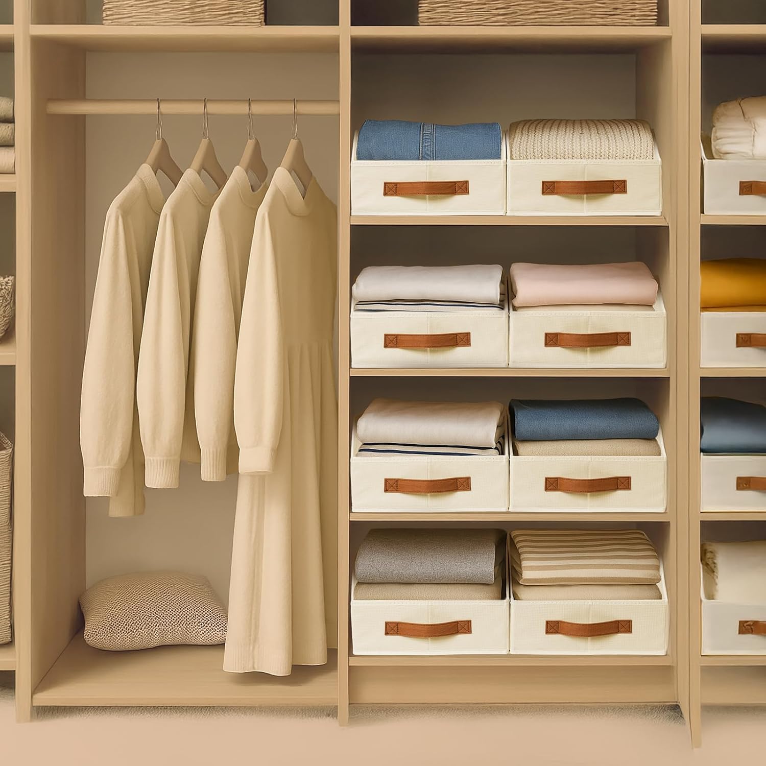 Fabric Storage Bins for Organizing - 6 Pack Large Trapezoid Collapsible Storage Bins with Front Handle, Closet Organizers and Storage for Bedroom, Home Shelves, Small Spaces, Beige