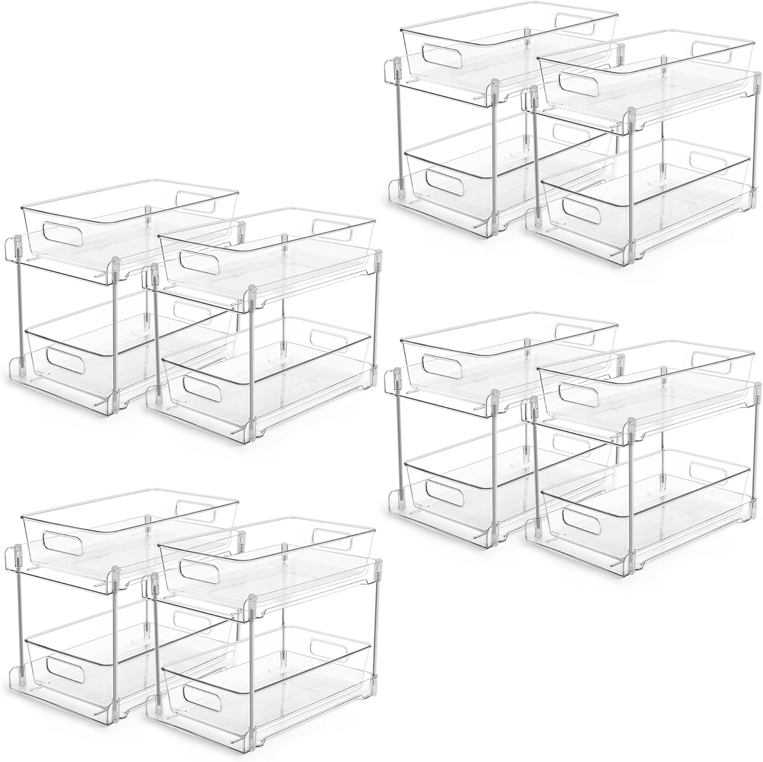 Vtopmart 4 Pack Bathroom Organizer, 2 Tier Clear Under Sink Organizers Vanity Countertop Storage Container,Cabinet Drawers Bins, Pull-Out Organization with Track for Pantry, Kitchen