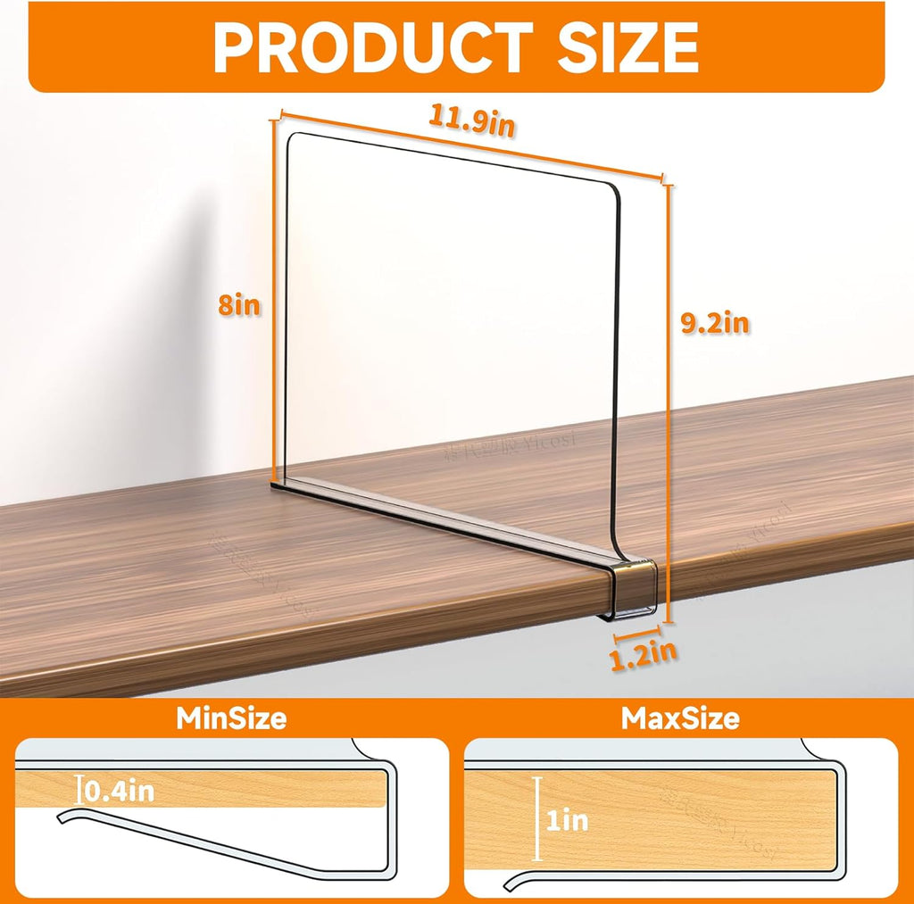 Yieach 4 Pack Clear Acrylic Shelf Divider for Closet Organization - 9.2″ Tall Closet Dividers for Wood Shelves,Cupboard,Vertical Shelf Separators in Closet for T-Shirt,Purse,Handbag,Sweater Organizer