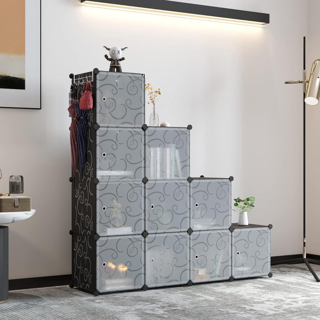 C&AHOME Cube Storage Organizer with Doors, 12-Cube Shelves, Closet Cabinet, DIY Plastic Modular Bookshelf Ideal for Bedroom, Living Room, 36.6”L x 12.4”W x 48.4”H Black USHS3012B-DOOR