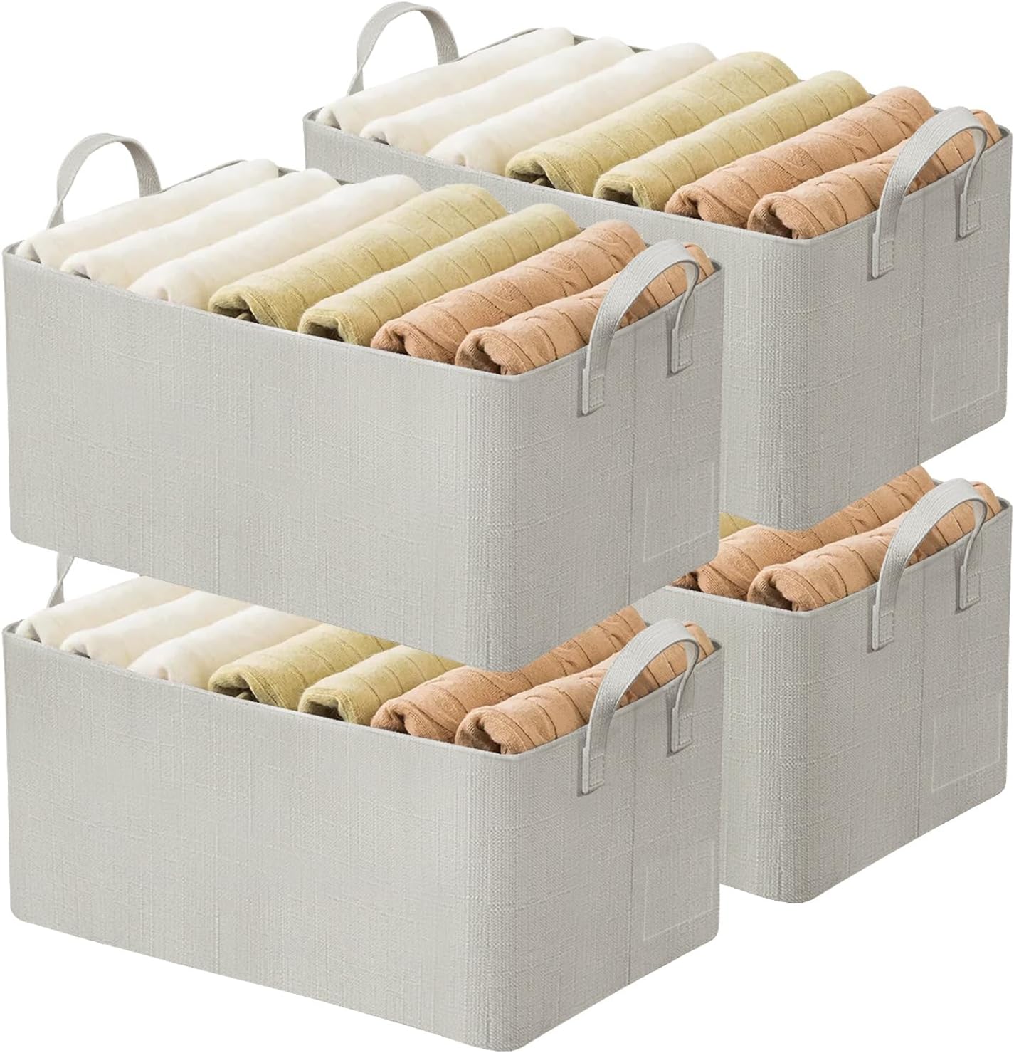 AARAINBOW Linen Closet Organizer Storage Bin with Steel Frame, Stackable Fabric Jeans Baskets for Shelves, 4 Packs Foldable Wardrobe Clothes Box for Sweater Pants Clothing Towel Shirt Felt, 23L Beige