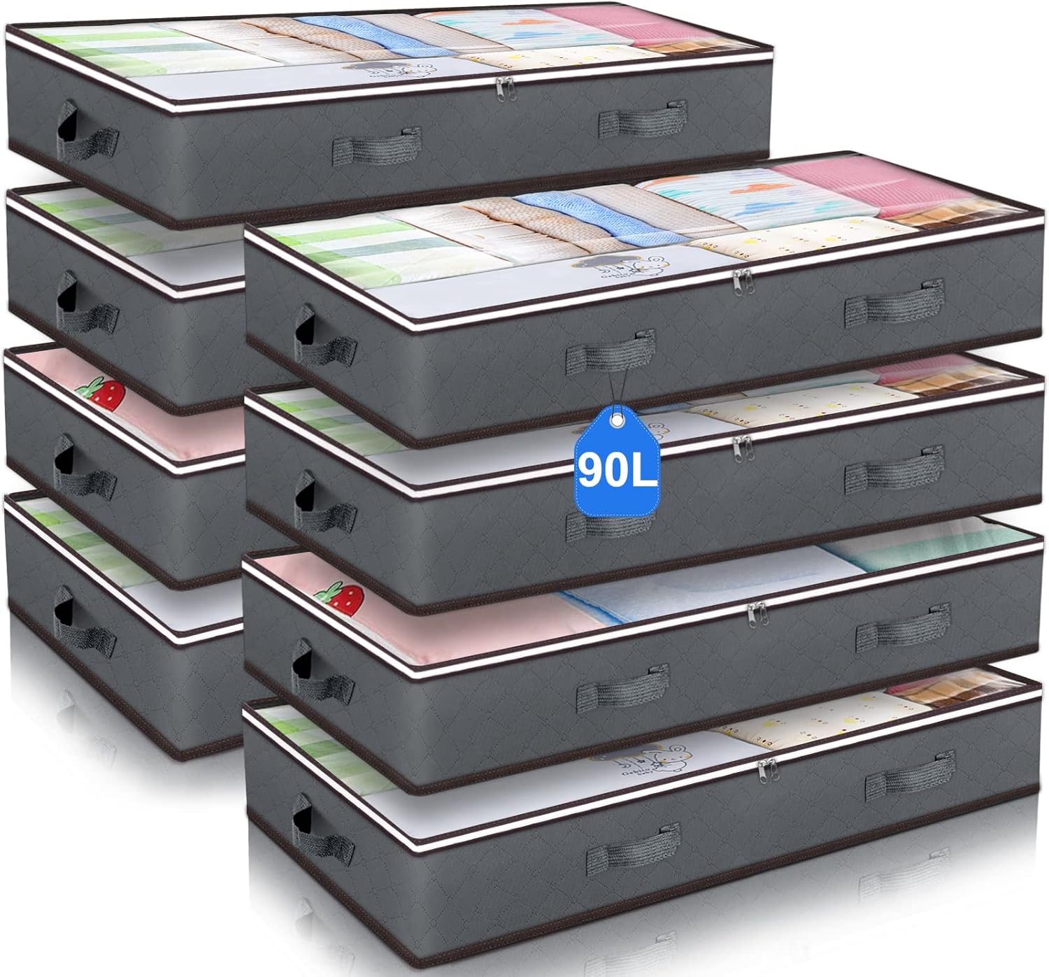 Budding Joy 90L Under Bed Storage Containers, Closet Organizers and Storage Bins, Foldable Underbed Storage Bags for Linen Sheets, Blanket, Clothing, Comforter, Sweaters, Pillows, Wrapping Paper, Grey