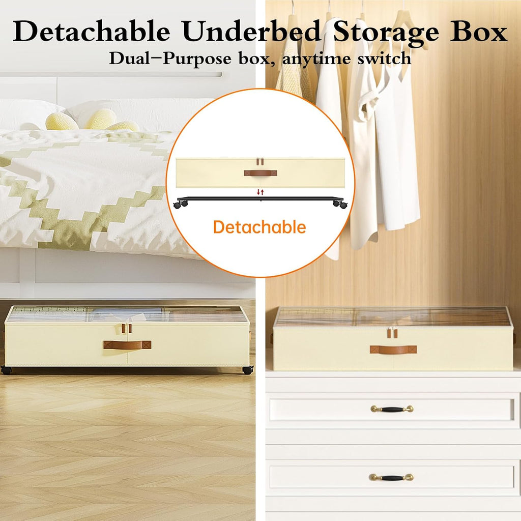 Yecaye Under Bed Storage with Wheels, 2 Pack Under Bed Storage Containers with Adjustable Dividers & Clear Lid, Rolling Underbed Organizer Bins Drawer for Clothes, Shoes, Blankets(33.3 x 16.5 x 6.7in)