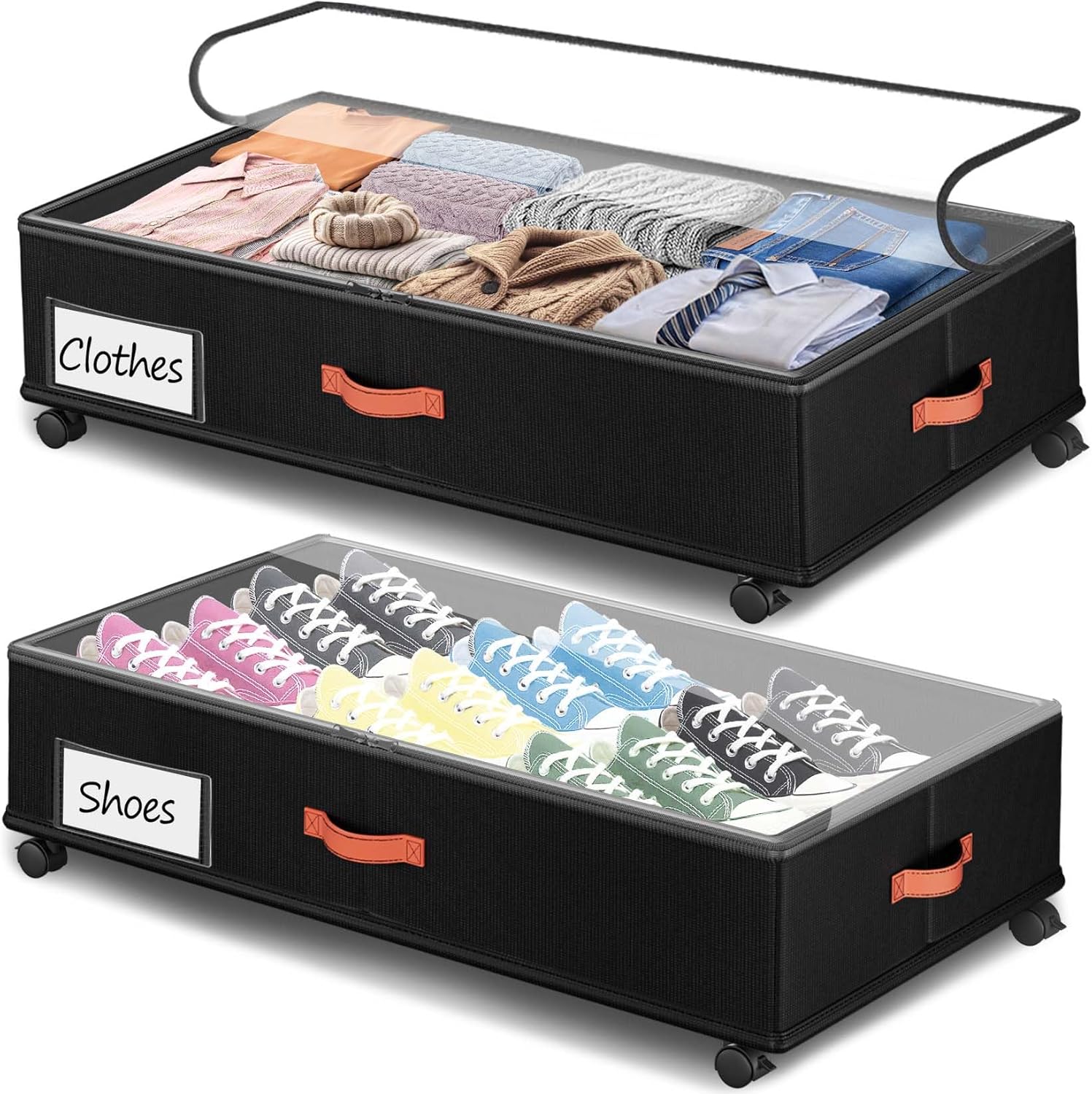 Under Bed Storage with Wheels 2-Pack, Under Bed Storage Containers 60L Clear Lids, Rolling Storage Drawers for Clothes Shoes Blankets, Underbed Organizer Bins(32" L x 17.3" W x 7.2" H)