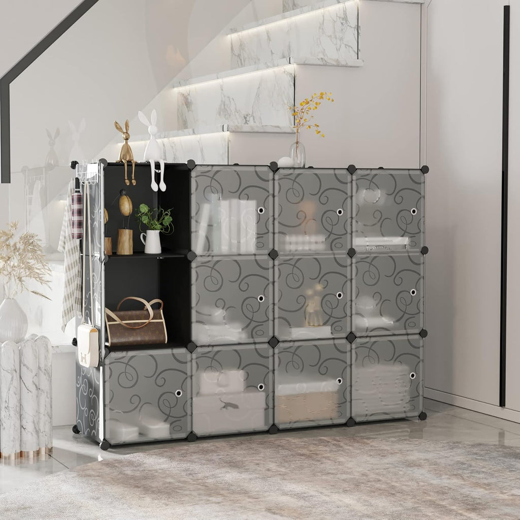 C&AHOME Cube Storage Organizer with Doors, 12-Cube Shelves, Closet Cabinet, DIY Plastic Modular Bookshelf Ideal for Bedroom, Living Room, 36.6”L x 12.4”W x 48.4”H Black USHS3012B-DOOR