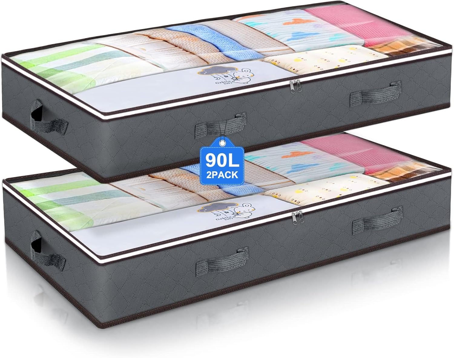 Budding Joy 90L Under Bed Storage Containers, Closet Organizers and Storage Bins, Foldable Underbed Storage Bags for Linen Sheets, Blanket, Clothing, Comforter, Sweaters, Pillows, Wrapping Paper, Grey