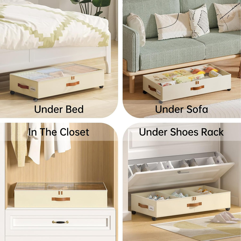 Yecaye Under Bed Storage with Wheels, 2 Pack Under Bed Storage Containers with Adjustable Dividers & Clear Lid, Rolling Underbed Organizer Bins Drawer for Clothes, Shoes, Blankets(33.3 x 16.5 x 6.7in)