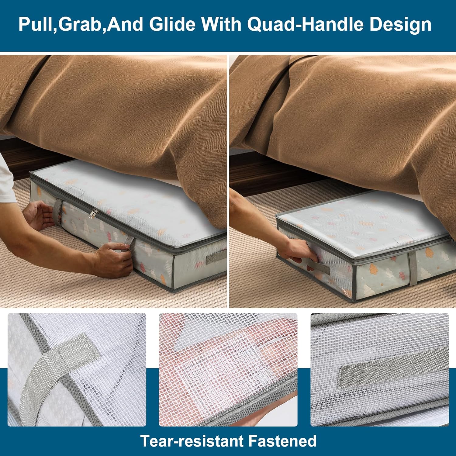 4 Packs Under Bed Storage Containers Bins, Humid-Proof Plastic Underbed Storage Bins, Closet Organizers and Clothes Storage Bags, Under the Bed Blanket Storage with Handles for Clothes,Bedroom