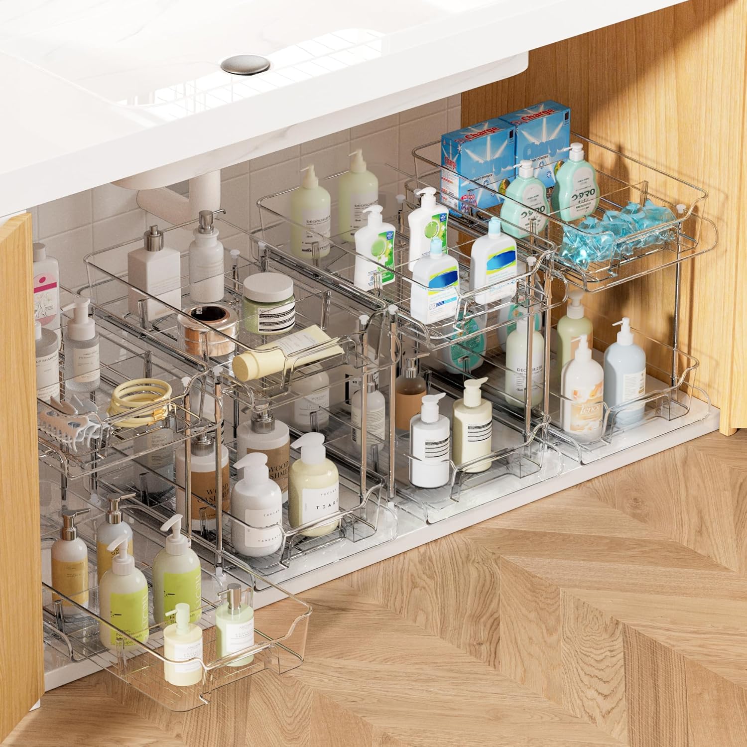 Vtopmart 4 Pack Bathroom Organizer, 2 Tier Clear Under Sink Organizers Vanity Countertop Storage Container,Cabinet Drawers Bins, Pull-Out Organization with Track for Pantry, Kitchen
