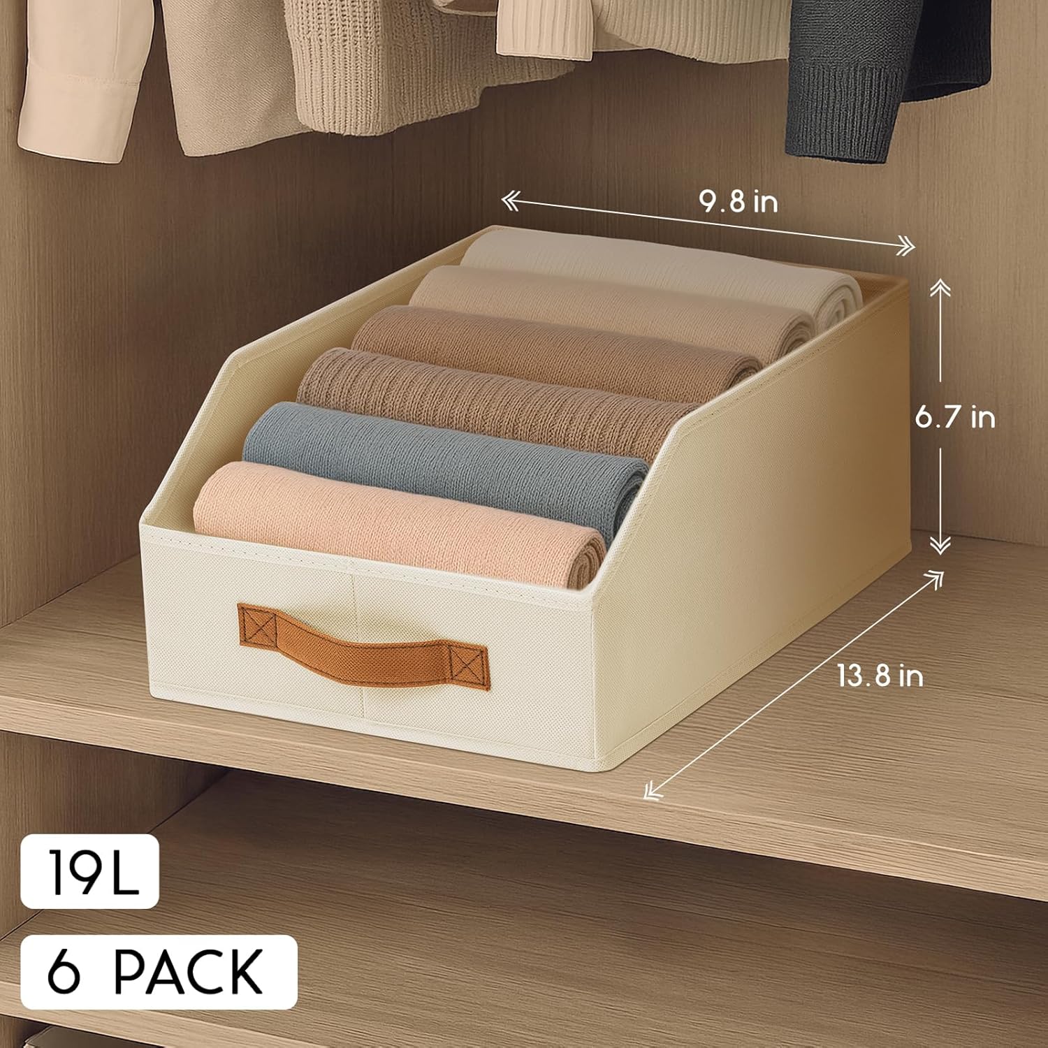 Fabric Storage Bins for Organizing - 6 Pack Large Trapezoid Collapsible Storage Bins with Front Handle, Closet Organizers and Storage for Bedroom, Home Shelves, Small Spaces, Beige