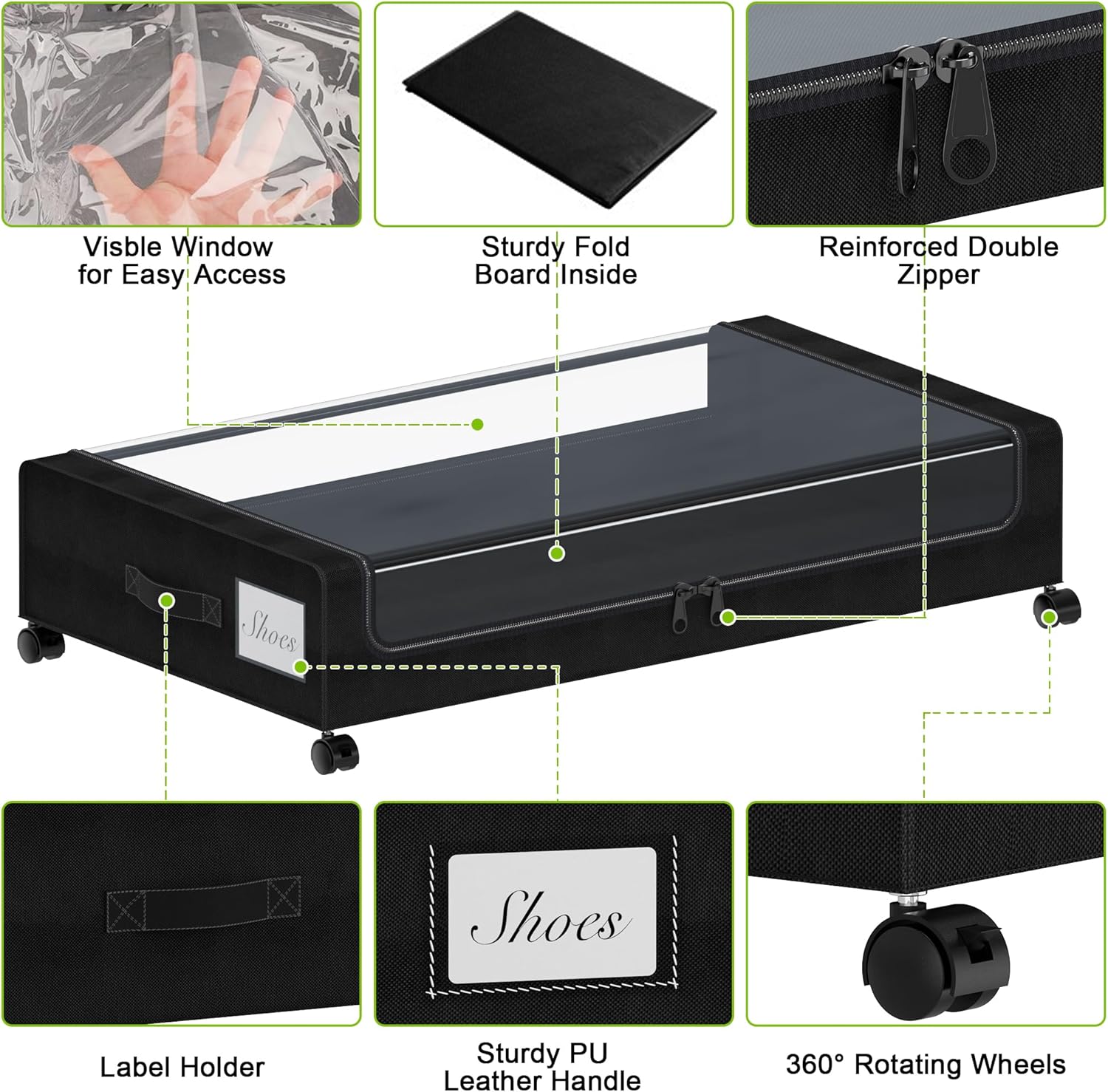 Under Bed Storage with Wheels, XXL 60L Under the Bed Storage Bins, Underbed Storage Containers with Lids & Label, Rolling Metal Drawer for Shoes, Clothes, Books, Toys (2-Pack Black)