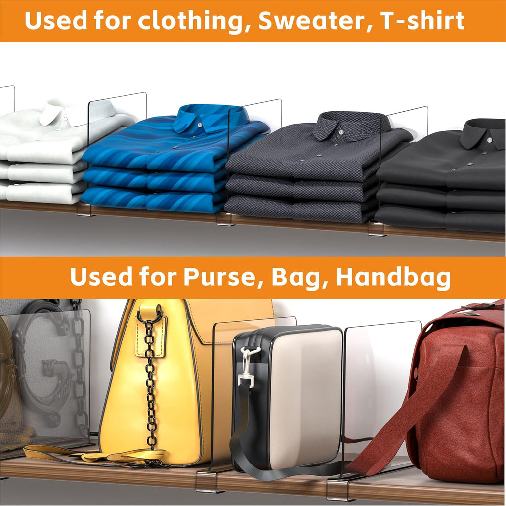 Yieach 4 Pack Clear Acrylic Shelf Divider for Closet Organization - 9.2″ Tall Closet Dividers for Wood Shelves,Cupboard,Vertical Shelf Separators in Closet for T-Shirt,Purse,Handbag,Sweater Organizer