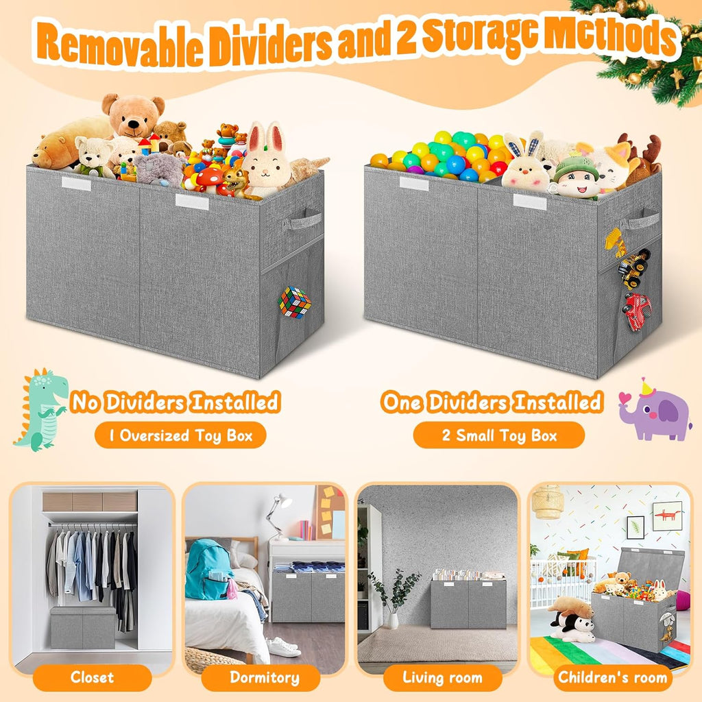 Large Toy Storage Box with Lid Divider, Sturdy Collapsible Toys Organizer Chest Kids Storage Bins Boxes Baskets for Boys, Girls, Nursery, Bedroom, Living Room, Playroom, 25"x13"x16", Gray