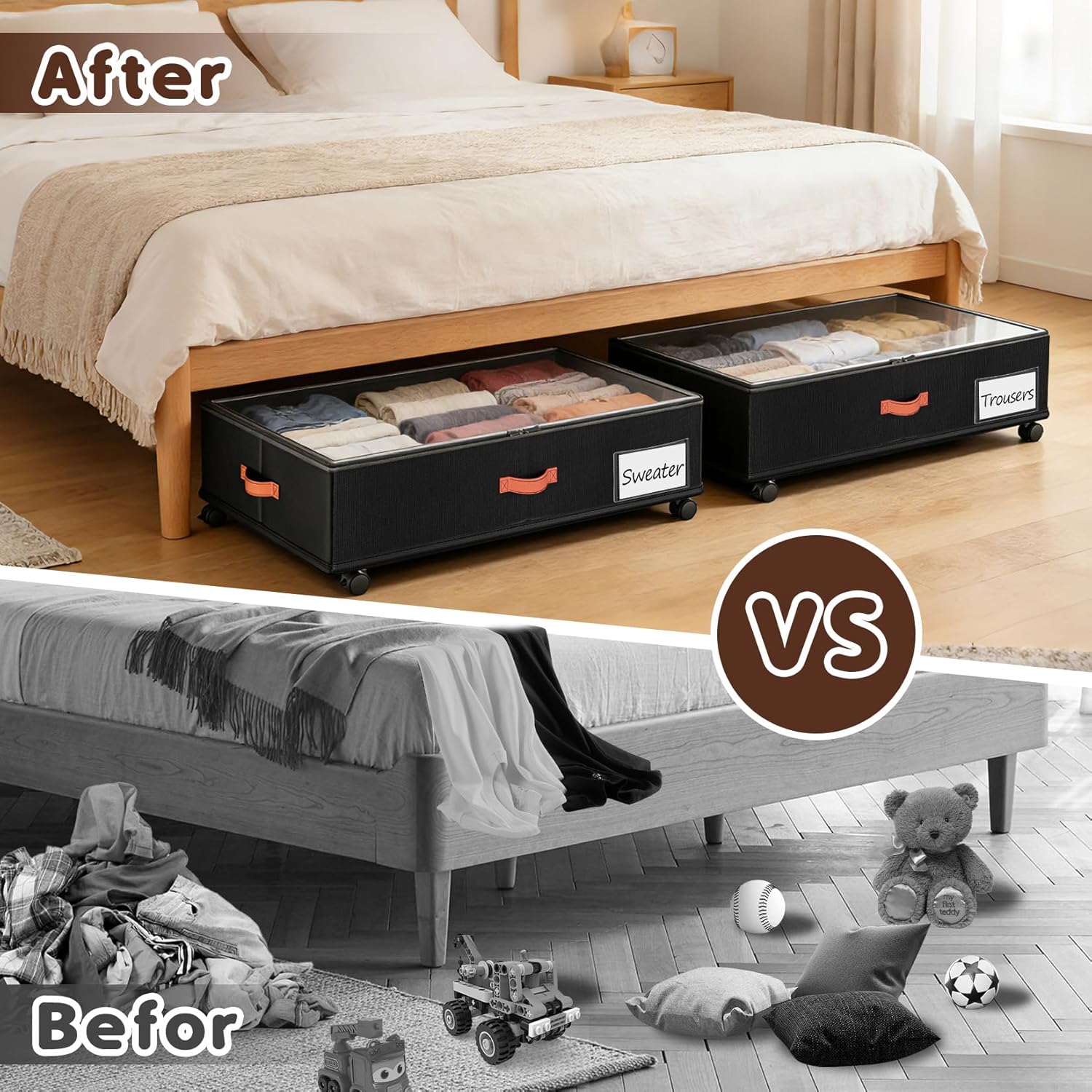 Under Bed Storage with Wheels 2-Pack, Under Bed Storage Containers 60L Clear Lids, Rolling Storage Drawers for Clothes Shoes Blankets, Underbed Organizer Bins(32" L x 17.3" W x 7.2" H)