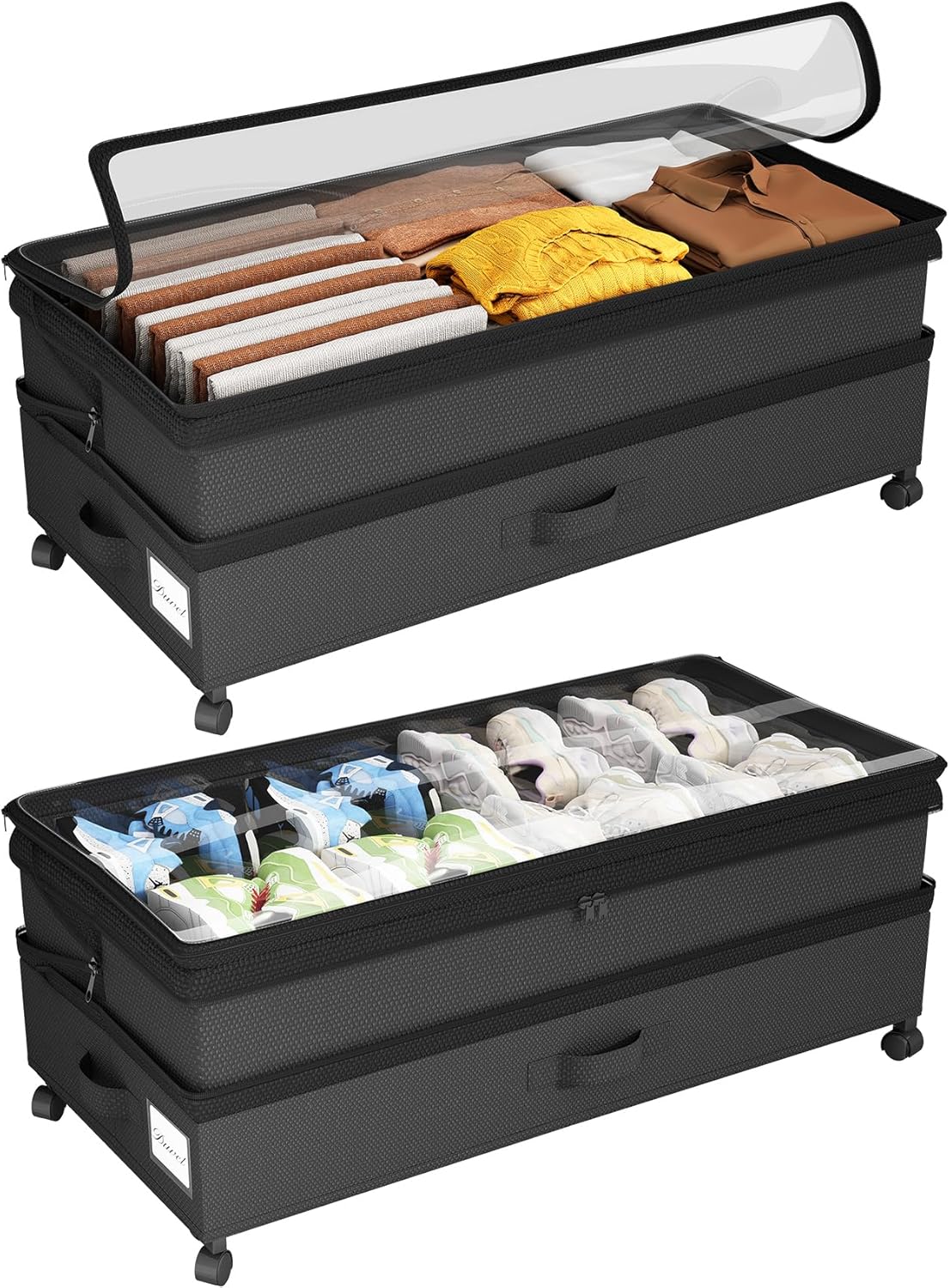 Kitstorack Under Bed Storage with Wheels 2Pack Height-adjustable Under Bed Storage Containers,Under Bed Shoe Storage Organizer with Clear Window&Label, Suitable for Clothes Storage, Gray