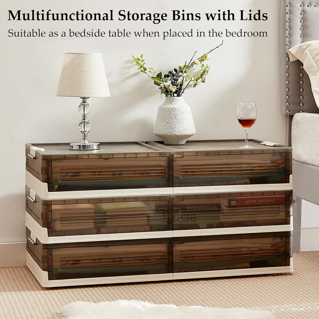 VECELO Under Bed Storage with Wheels, 2 Pack Stackable Under Bed Storage Containers, Underbed Storage Containers with Lids, Plastic Foldable Folding Box for Clothes Shoes, Grey