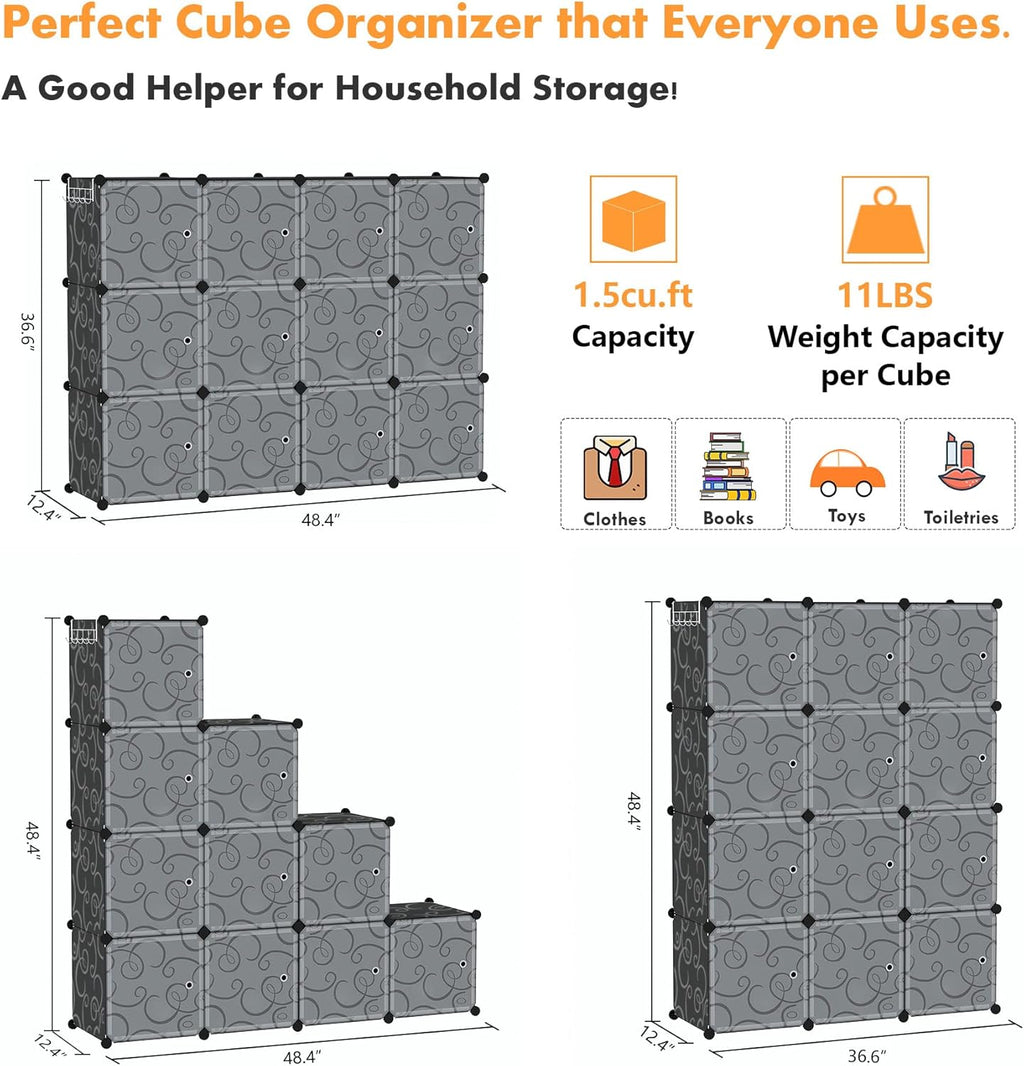 C&AHOME Cube Storage Organizer with Doors, 12-Cube Shelves, Closet Cabinet, DIY Plastic Modular Bookshelf Ideal for Bedroom, Living Room, 36.6”L x 12.4”W x 48.4”H Black USHS3012B-DOOR
