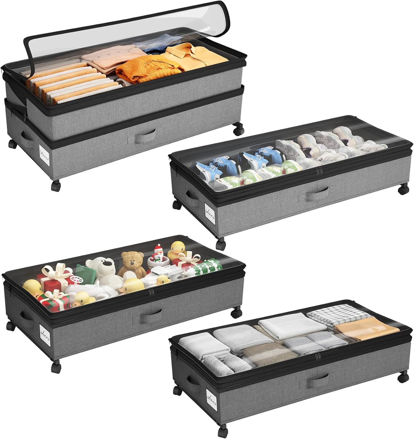 Kitstorack Under Bed Storage with Wheels 2Pack Height-adjustable Under Bed Storage Containers,Under Bed Shoe Storage Organizer with Clear Window&Label, Suitable for Clothes Storage, Gray