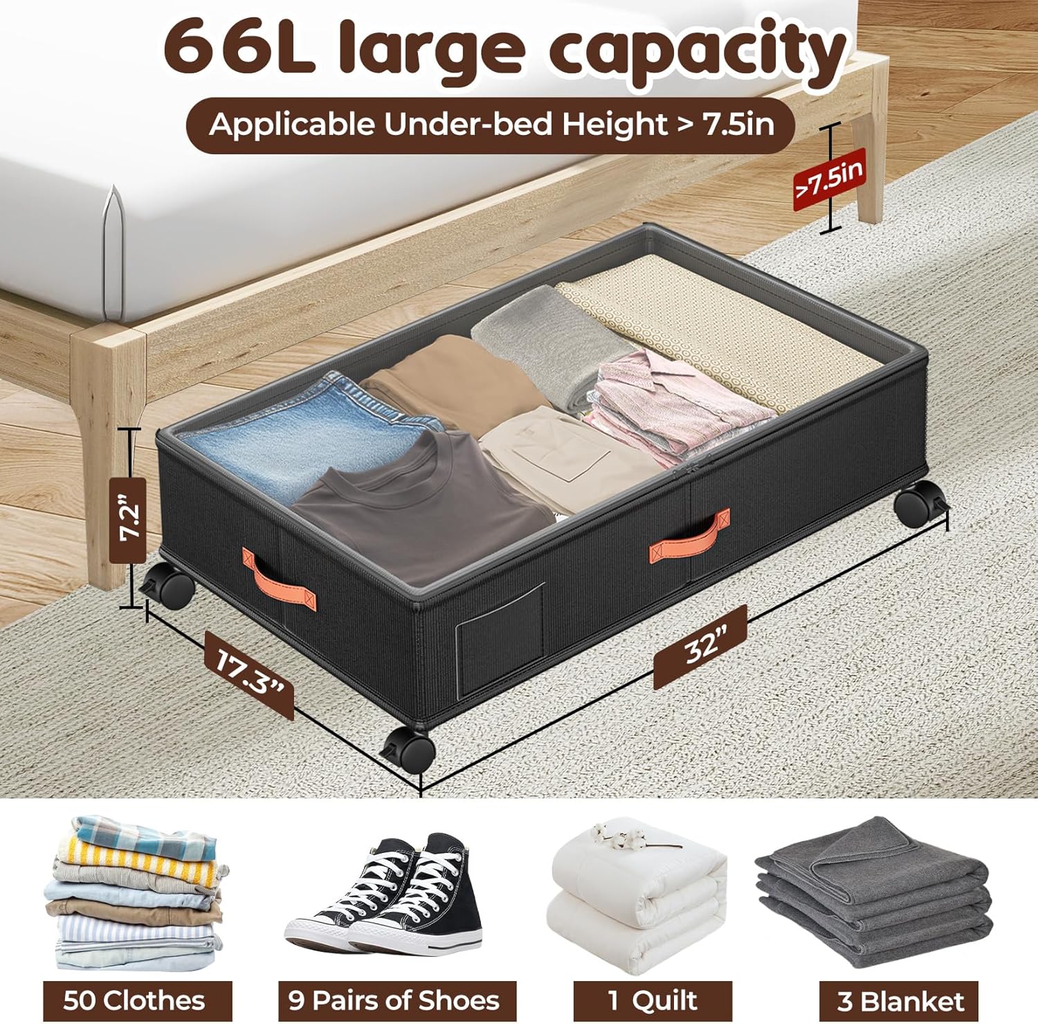 Under Bed Storage with Wheels 2-Pack, Under Bed Storage Containers 60L Clear Lids, Rolling Storage Drawers for Clothes Shoes Blankets, Underbed Organizer Bins(32" L x 17.3" W x 7.2" H)