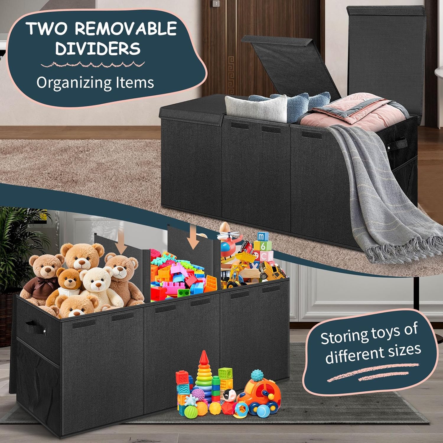 Extra Large Toy Box with Lids - Sturdy Collapsible Kids Storage Organizer Big Bin Chest Basket with Dividers for Boys Girls, Bedroom, Nursery, Living Room, Playroom Organization, 38"x16"x14", Black