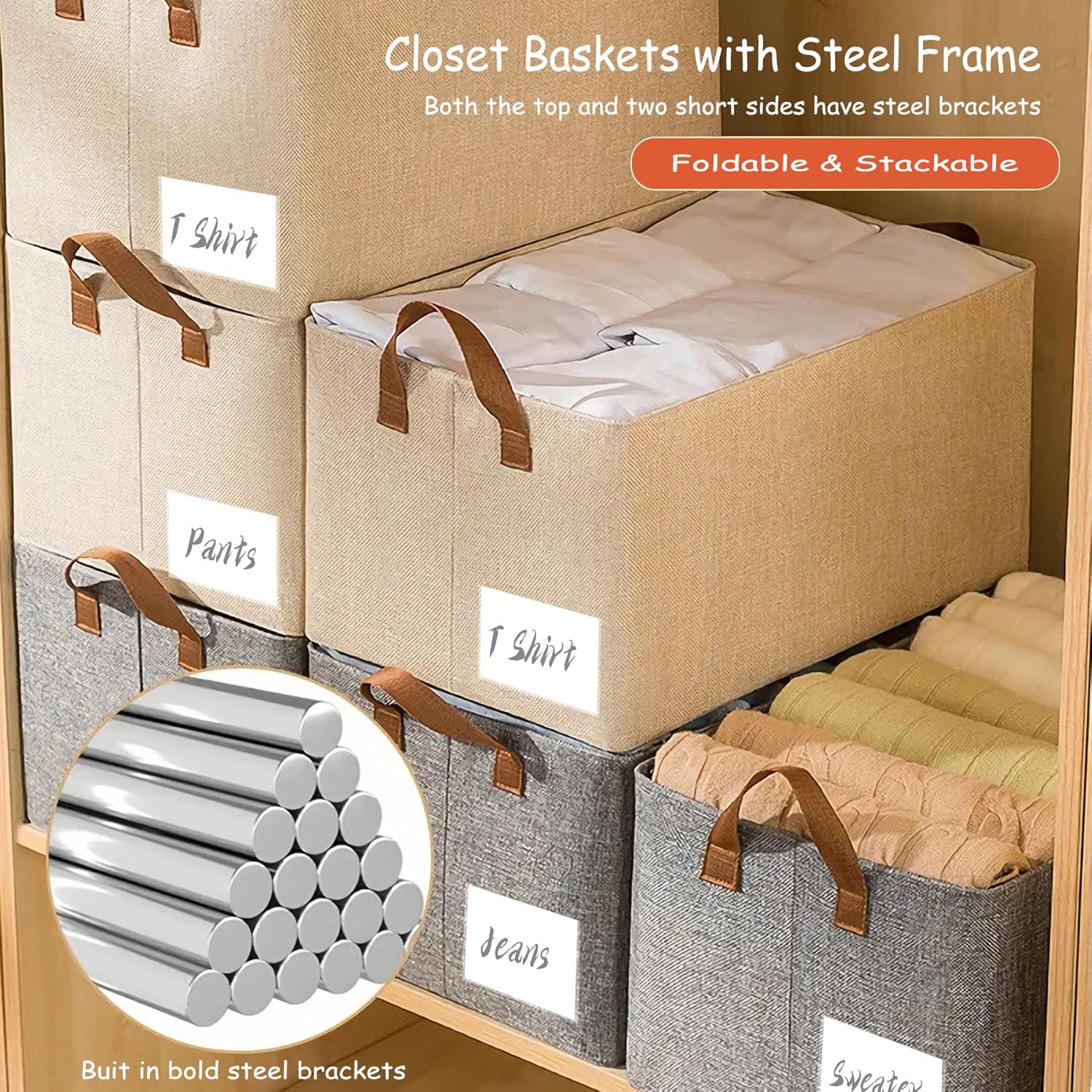 AARAINBOW Linen Closet Organizer Storage Bin with Steel Frame, Stackable Fabric Jeans Baskets for Shelves, 4 Packs Foldable Wardrobe Clothes Box for Sweater Pants Clothing Towel Shirt Felt, 23L Beige