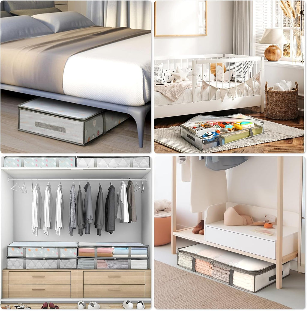 4 Packs Under Bed Storage Containers Bins, Humid-Proof Plastic Underbed Storage Bins, Closet Organizers and Clothes Storage Bags, Under the Bed Blanket Storage with Handles for Clothes,Bedroom