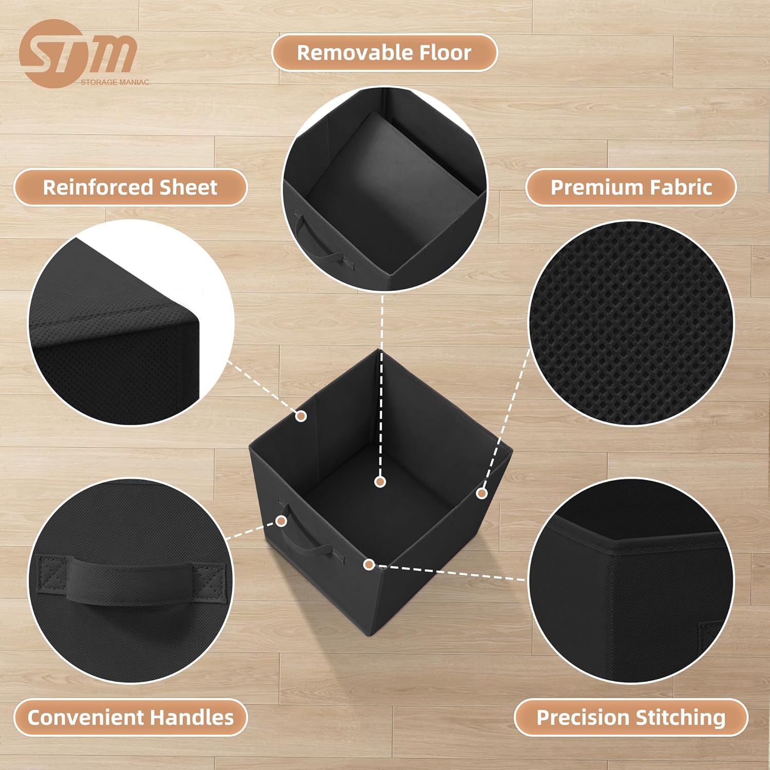 STORAGE MANIAC Storage Cubes, 11 Inch Durable 6 Pack Fabric Foldable Collapsible Bins with Handles for Organization, Closet, Shelves, Offices, Toys, Black