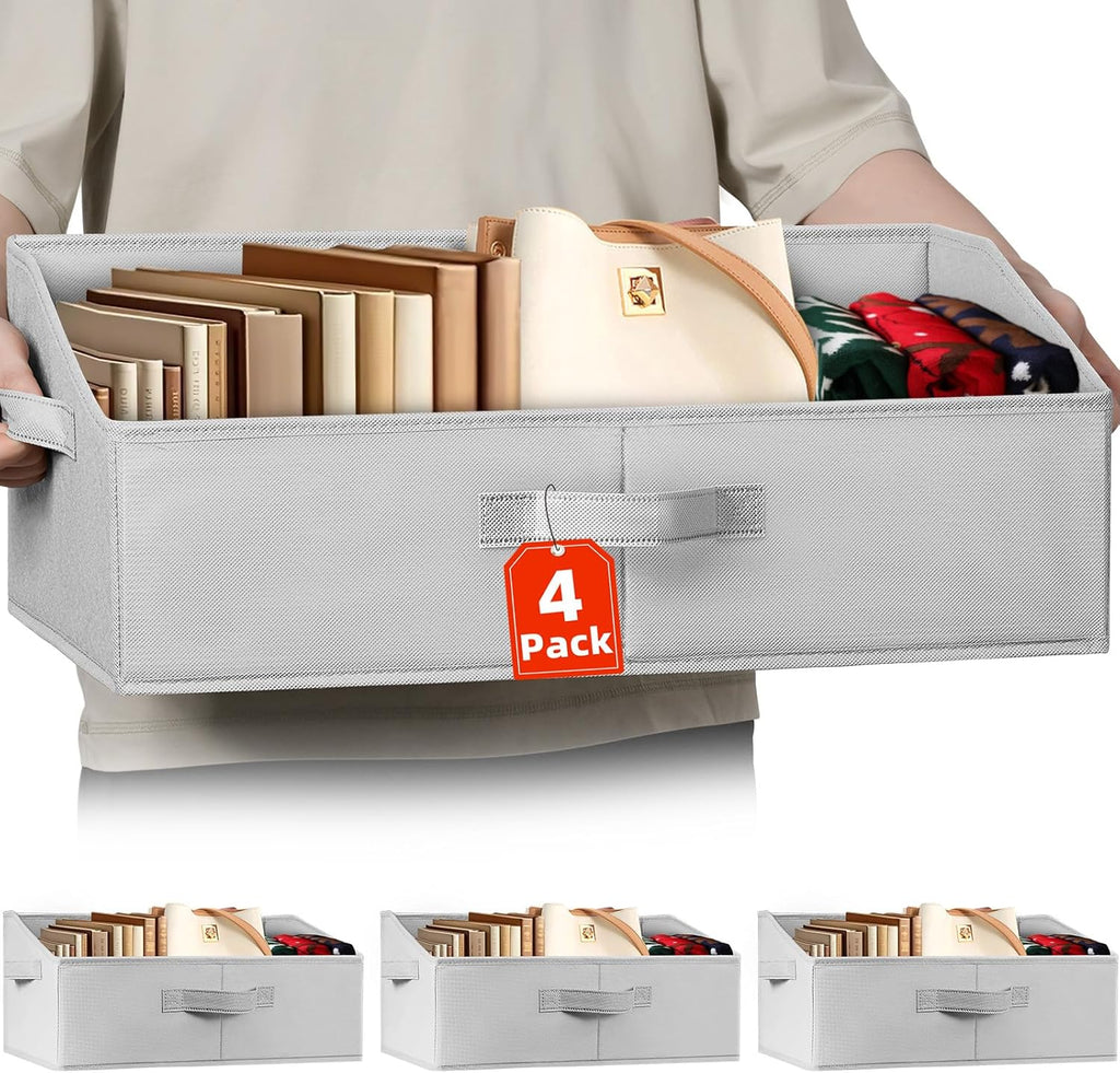 Criusia Closet Organizers Bins 4 Pack - Large Collapsible Shelf Organizer with Handles - Fabric Trapezoid Home Organization and Storage Baskets for Organizing Clothes Toy Blanket Towel Purse Hats